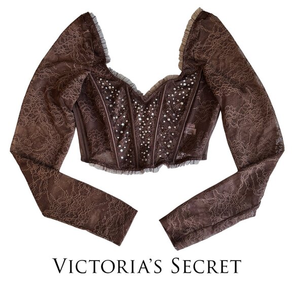 EUC! VS Dream Angels Brown Rhinestone Long Sleeve Corset Bra Top Size XS - Picture 2 of 13